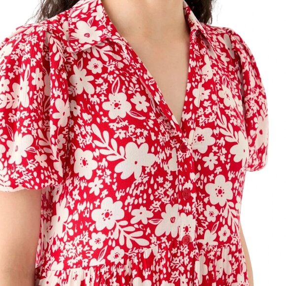 Nice Oak & Trellis Small Dress Red Cream Floral Short Tiered Shirtdress NWT! - Picture 1 of 3